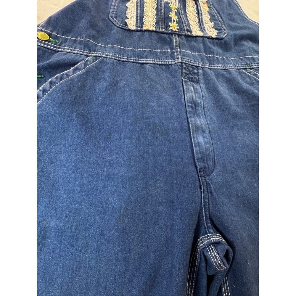Liberty Overalls Vintage Denim Floral Embroidery Lace Trim Carpenter Blue L/XL - Picture 4 of 16